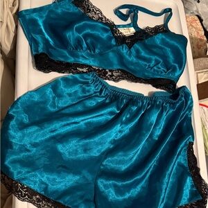 Victoria's Secret Teal and Black Lace Pajama Set